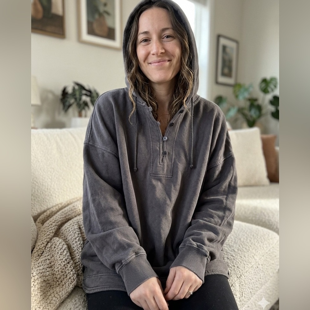 Aerie Cotton Washed Charcoal Button-down Henley Neckline Hoodie